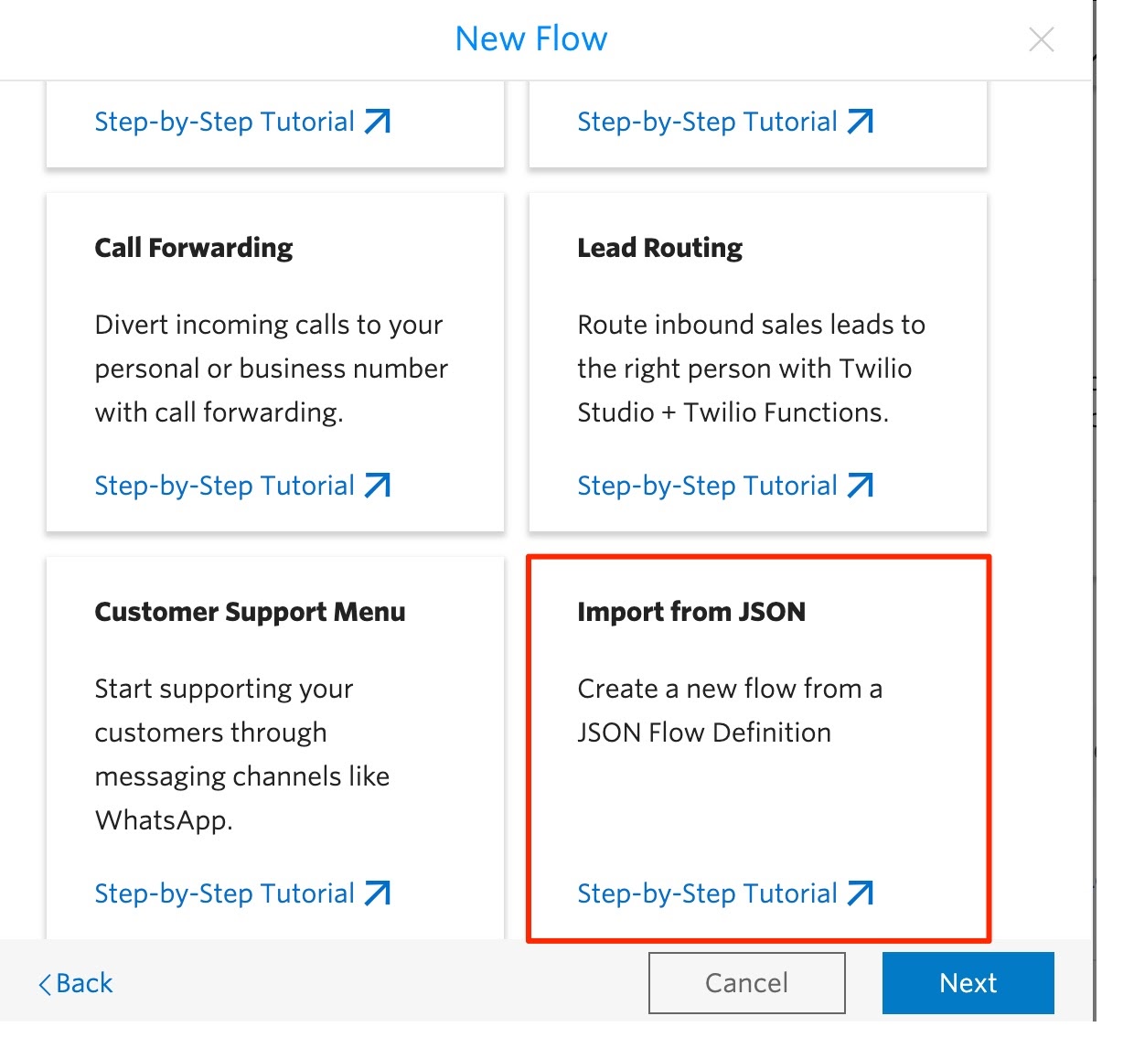 The part of the Twilio Studio setup wizard where it offers you the option to choose Import from JSON surrounded in a red outlined box