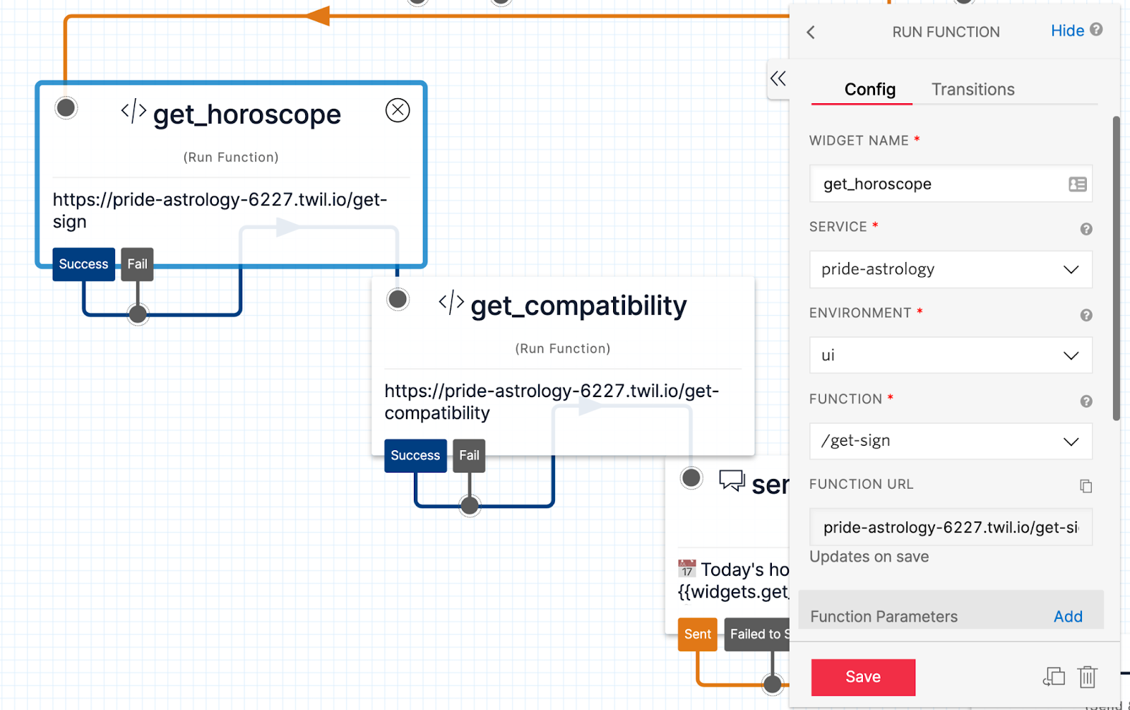 The configuration panel of the Twilio Functions widgets indicating where you can choose the function you just created from the dropdown menu