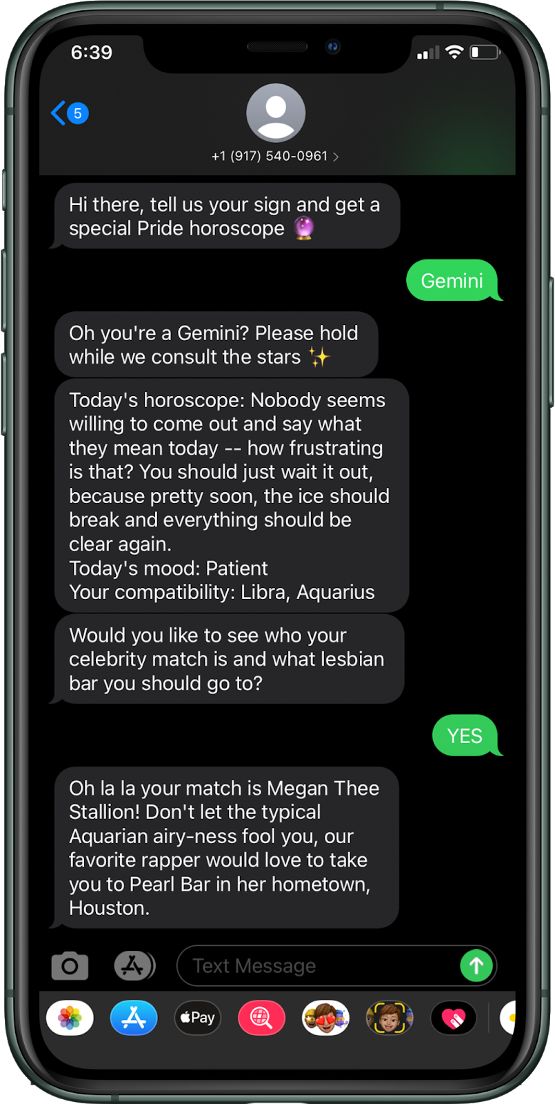 An iphone with a text message exchange between the author and the SMS bot with the texter&#x27;s horoscope for the day