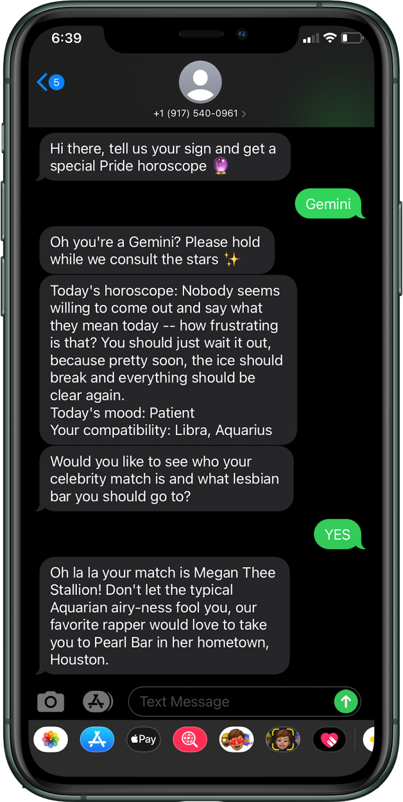 A screenshot of an iphone with the conversation between the texter and the bot