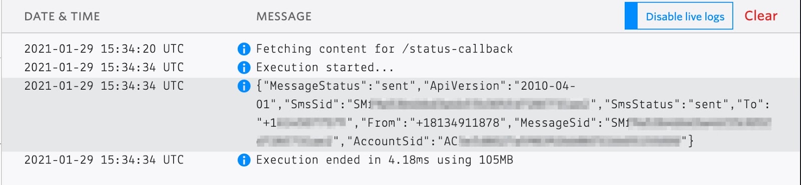 A screenshot of the live logs in Twilio Functions where you can see the various SIDs coming through in the response.