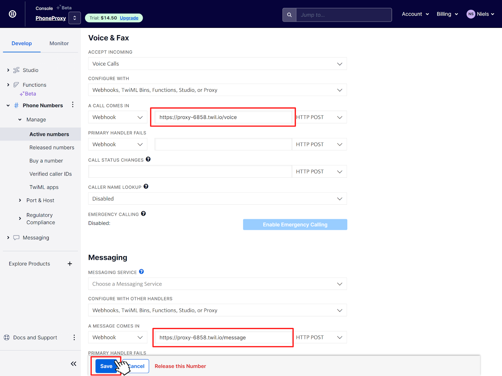 Twilio phone number settings with webhook URLs configured