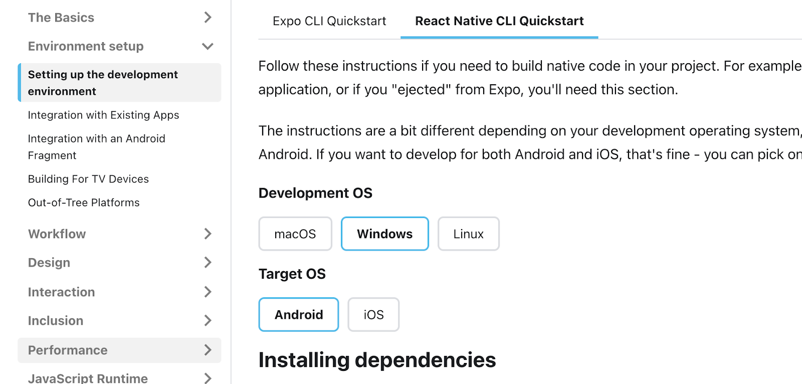 react native CLI quickstart docs