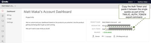 Capture d'écran des identifiants dans la console Twilio