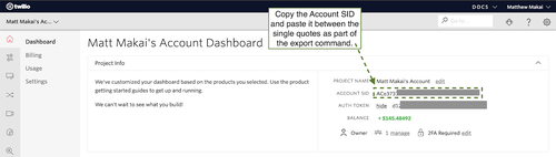 capture d'écran du dashboard de la console Twilio