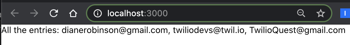 example of React output on localhost:3000 showing a list of fake emails