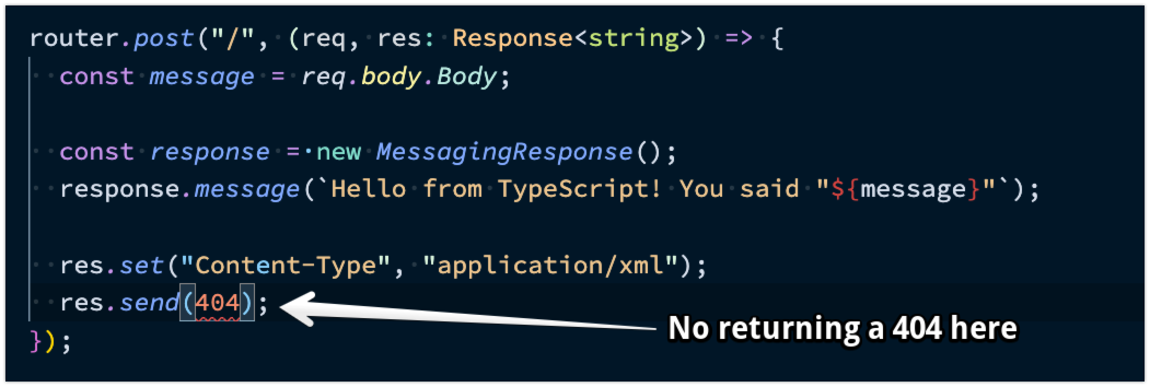 When the Express Response type includes a string, you cannot return a number, like 404, with res.send.
