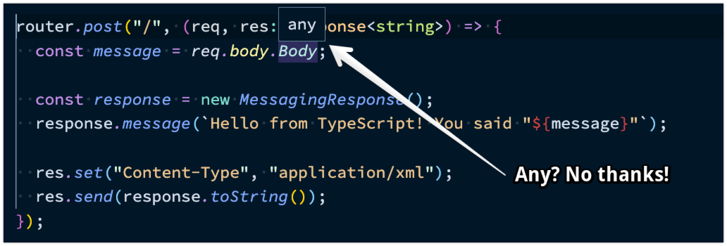 Hovering over req.body.Body shows that it is of type "any", which we don&#x27;t want.
