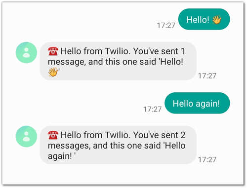 Captura de pantalla de la app SMS en mi teléfono. I&#x27;ve envió 2 mensajes y tenía 2 respuestas que son eco de lo que envié y están numeradas.