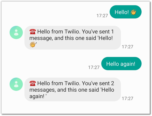 Captura de pantalla de la app SMS en mi teléfono. I've envió 2 mensajes y tenía 2 respuestas que son eco de lo que envié y están numeradas.