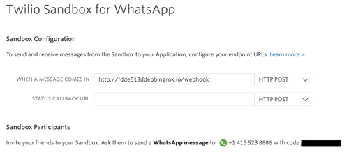 capture d'écran de l'URL ngrok dans le champ de texte pour la sandbox Twilio WhatsApp