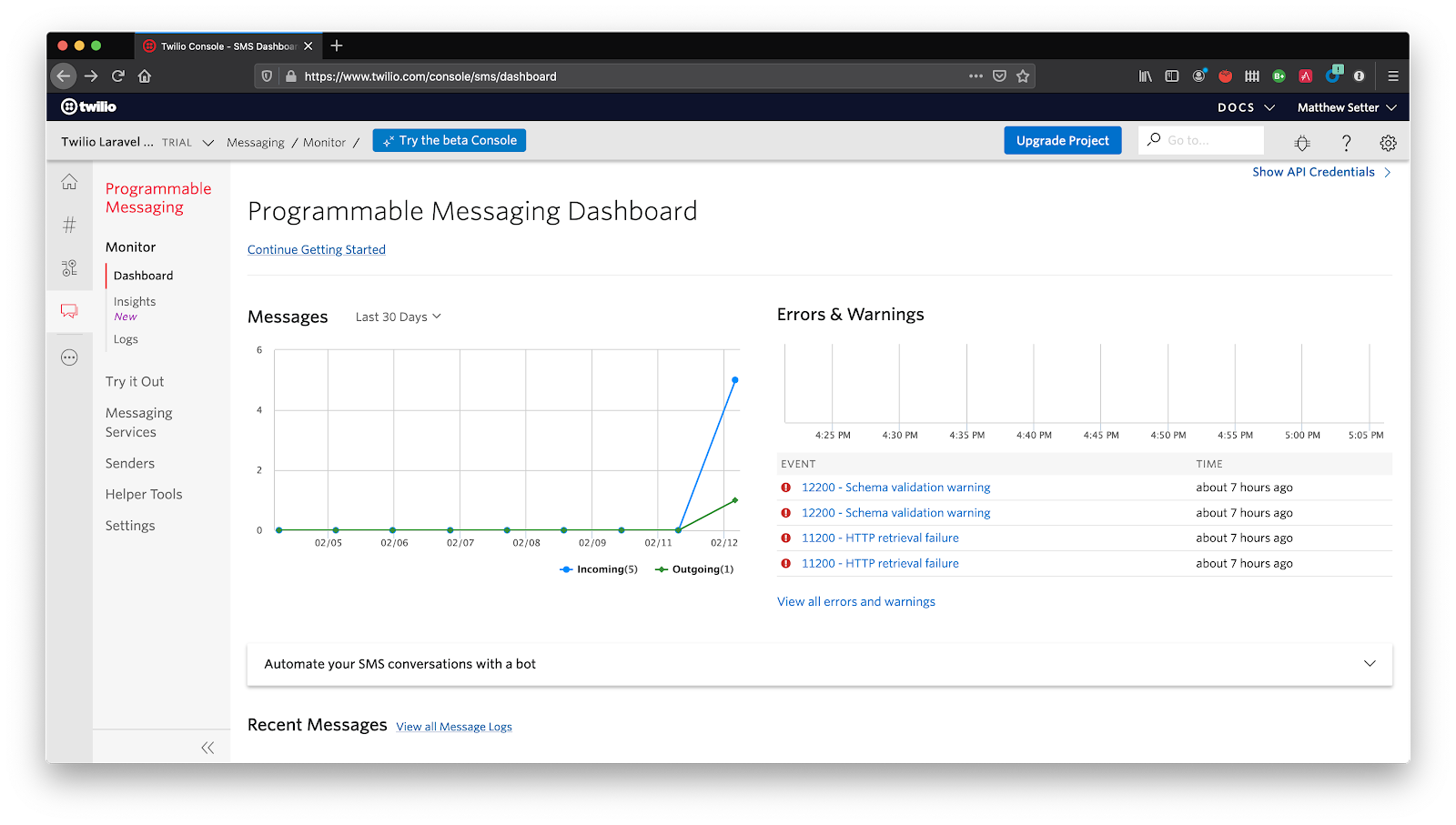 Twilio Console Programmable Messaging Dashboard