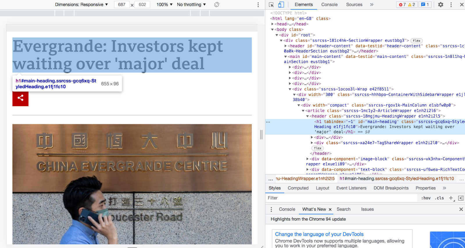 Get the CSS selector of an article&#x27;s header in Chrome&#x27;s developer tools