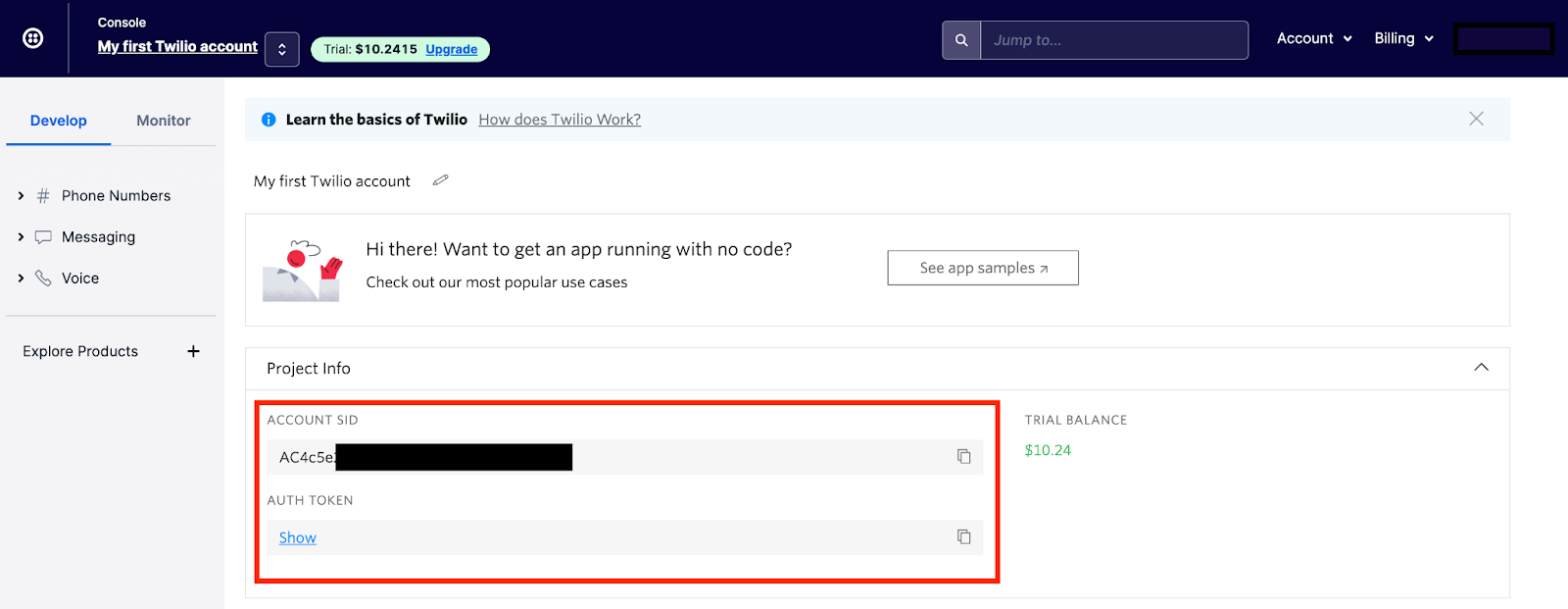 A screenshot of the Twilio Console showing where to locate the Account SID and Auth token