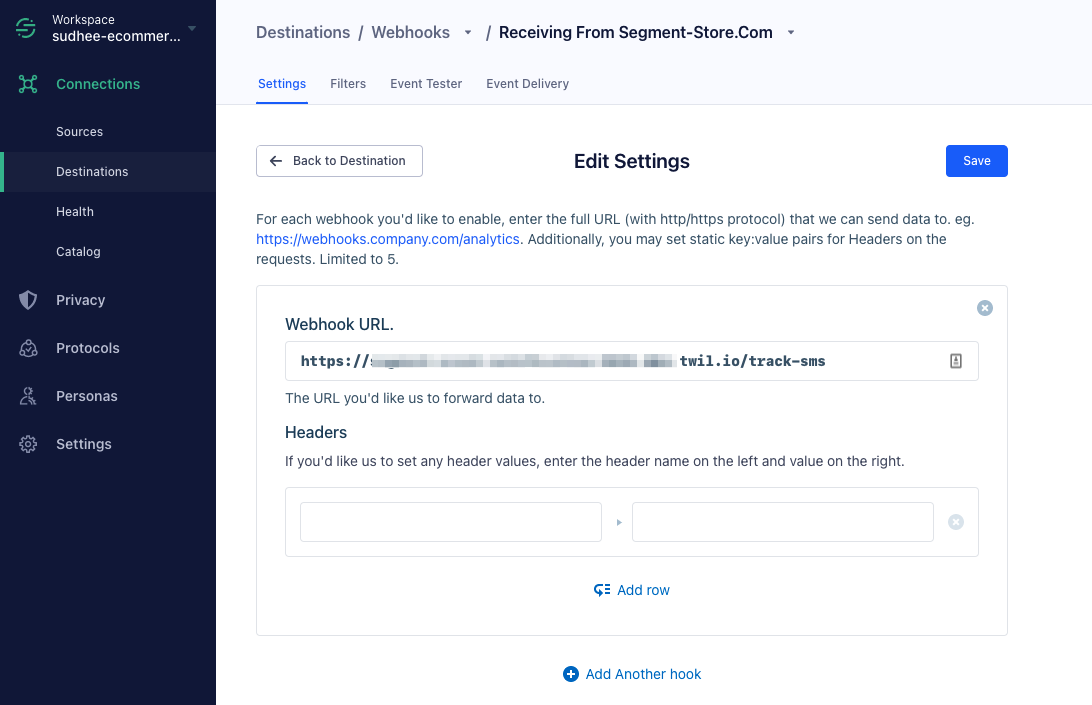 Activating a Webhook in Twilio Segment's console