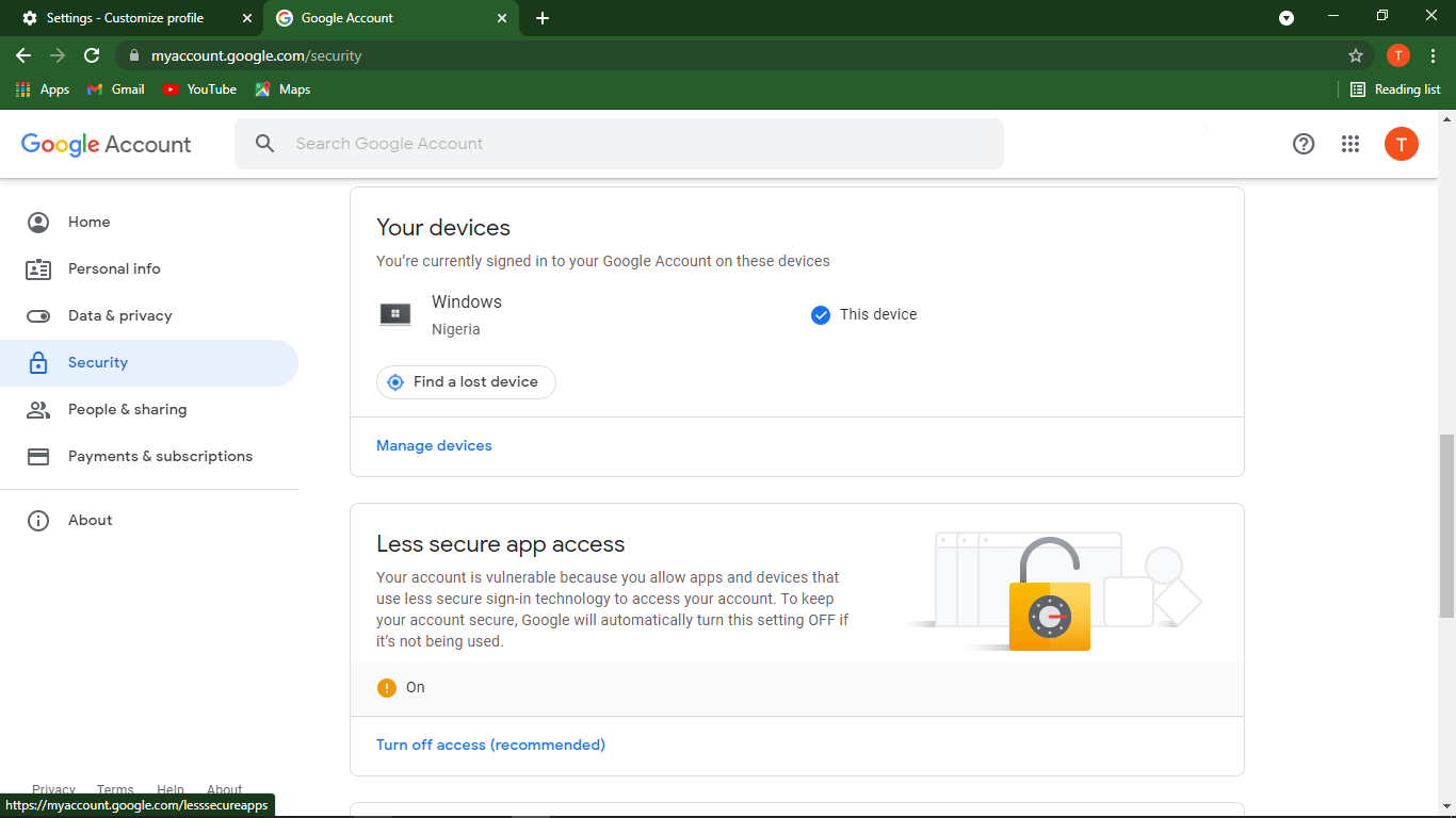 Less secure app access enabled in a Google Account
