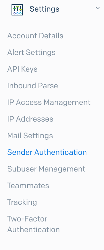 Side-navigation with a Settings group and multiple links in the group. The link "Sender Authentication" is highlighted.