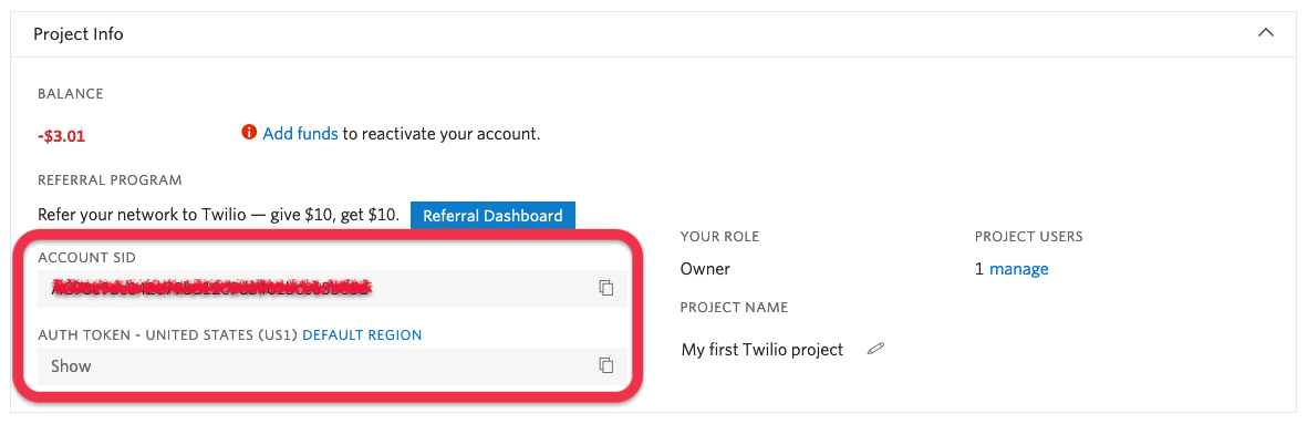 Retrieve your Twilio Account SID and Auth Token