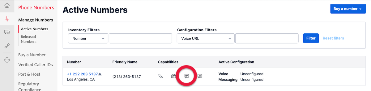 Active Twilio Phone Numbers which are SMS capable