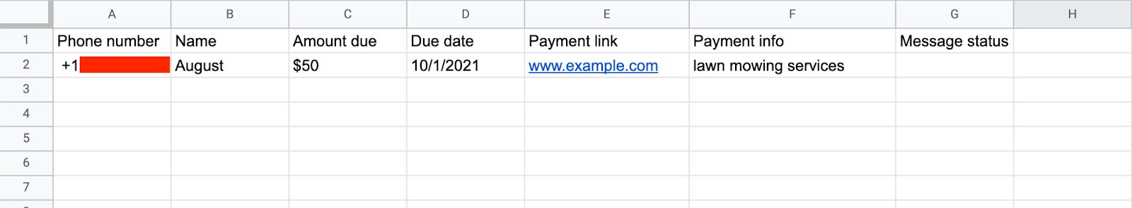 A screenshot showing the column names and a row of sample data