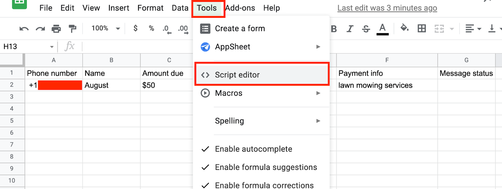 A screenshot showing how to access the Script Editor from the Tools menu in Google Sheets