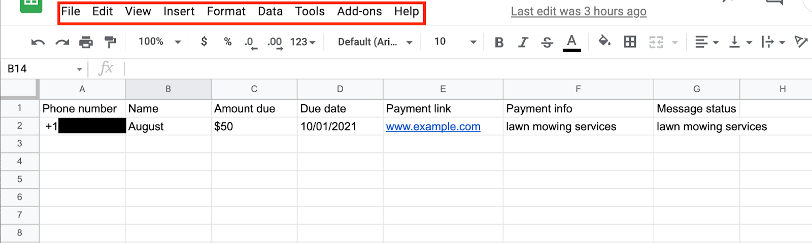 A screenshot showing where the main menus are located in Google Sheets
