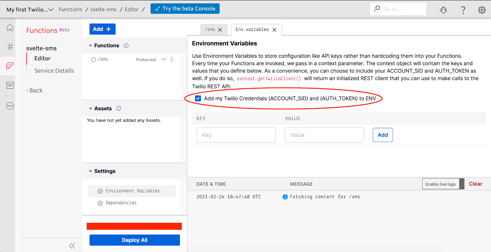 Screenshot showing checked box on environment variables settings screen