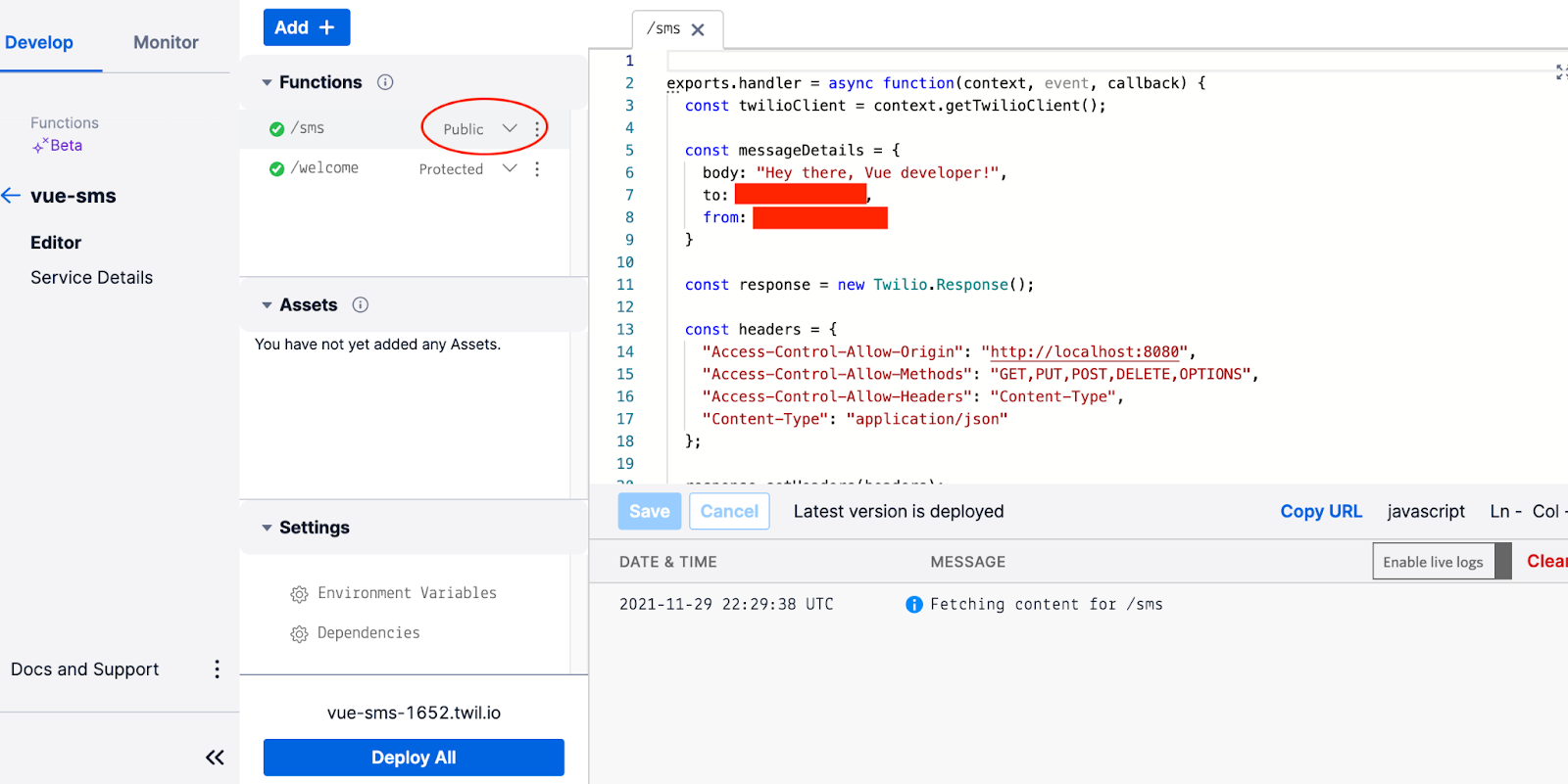 Screenshot of twilio functions console showing code