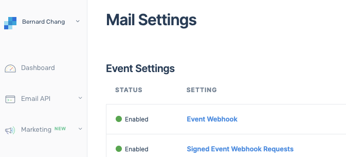 Event Webhook settings inside SendGrid