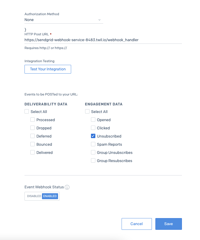 Save Event Webhook settings in SendGrid