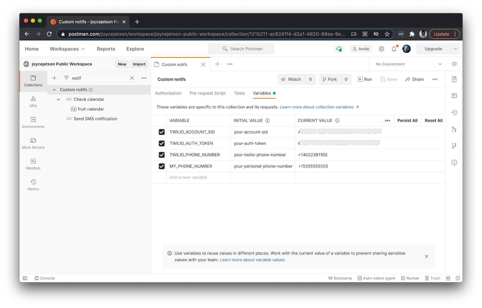 Enter Postman collection variables as CURRENT VALUE