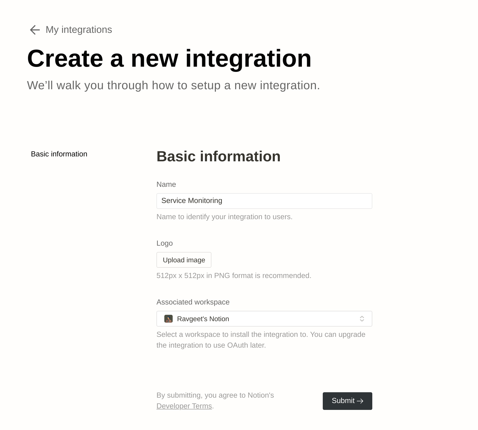A screenshot of the Notion integration setup page
