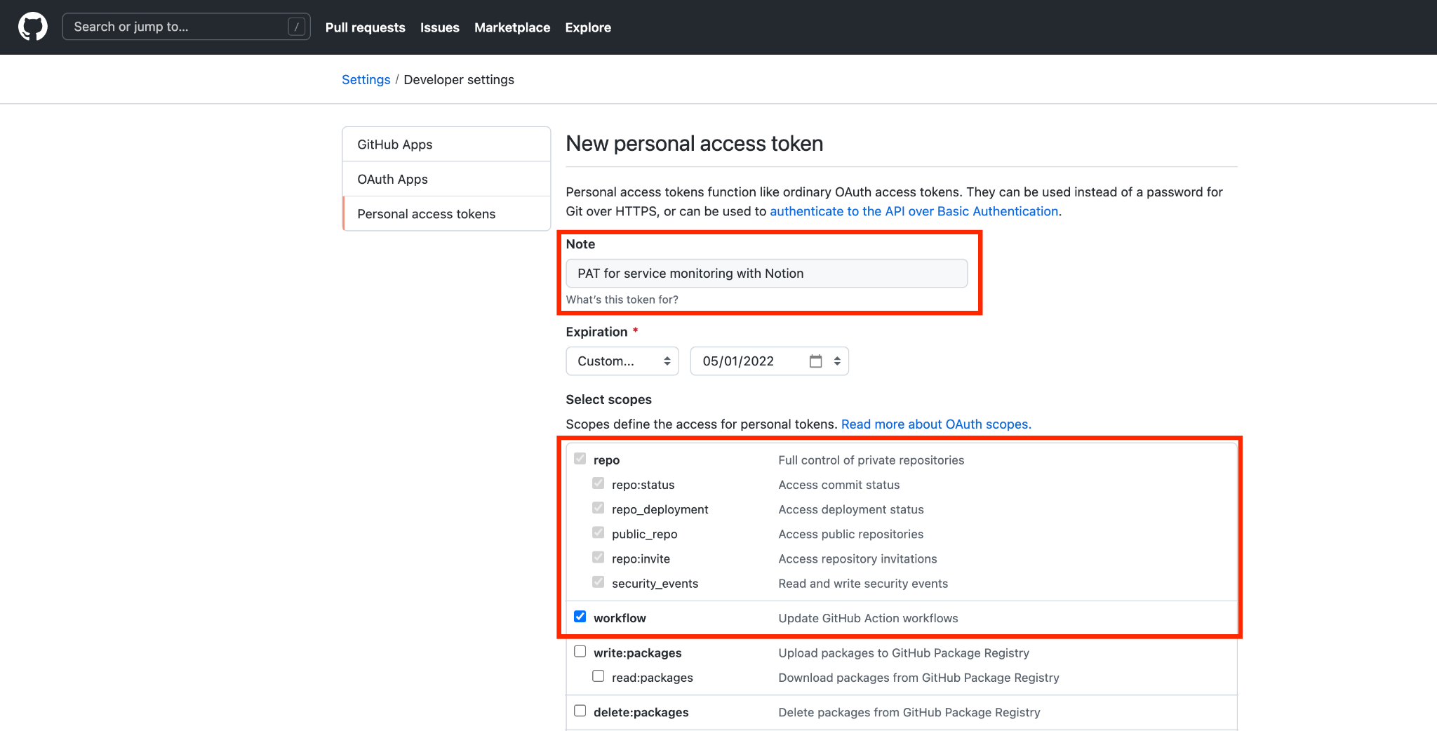 A screenshot of the GitHub Personal Access Token creation page