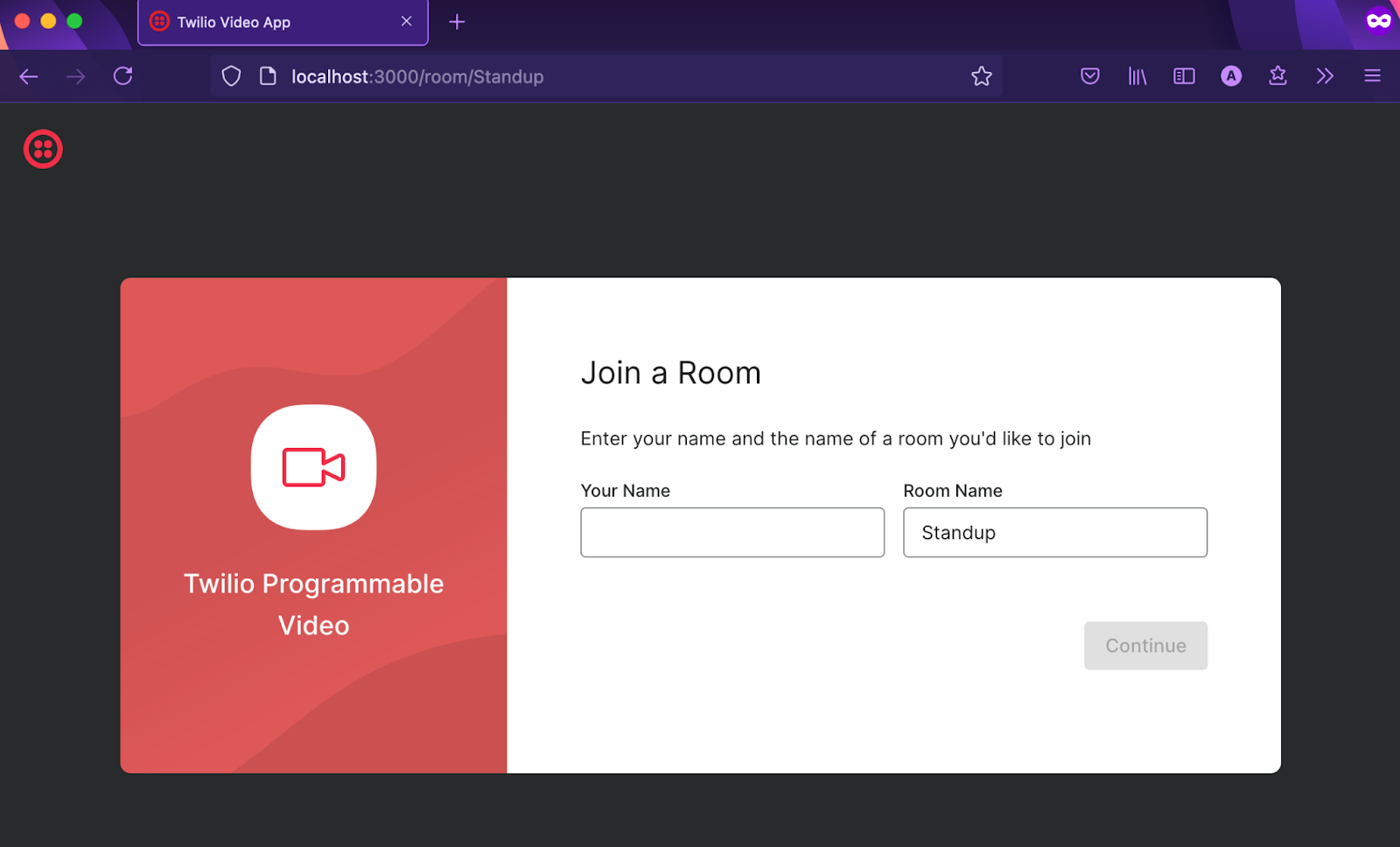 Twilio Video React App initial screen, with "Standup" in the Room Name input field.