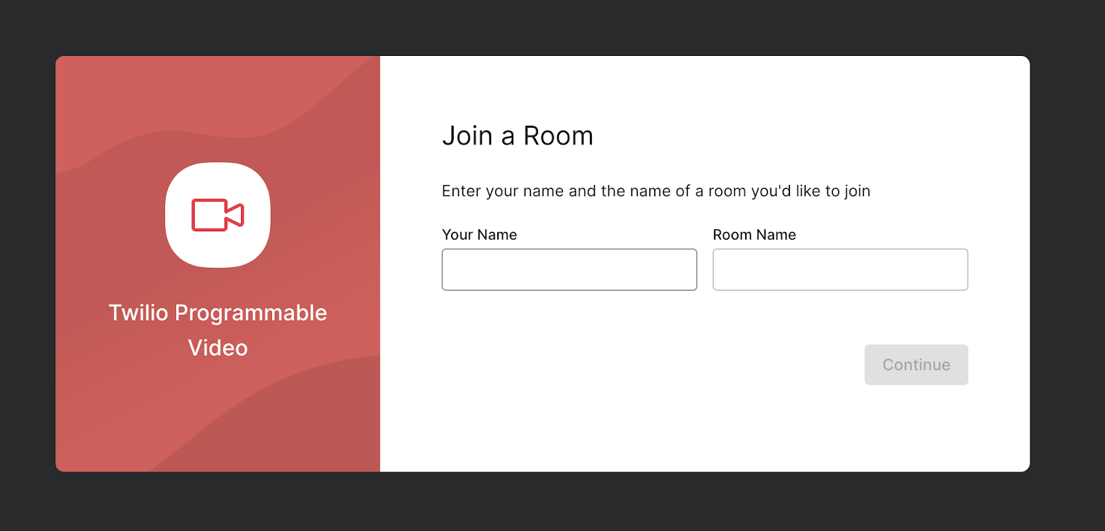 Twilio Video React App initial screen, with inputs for a user&#x27;s name and a video room&#x27;s name.