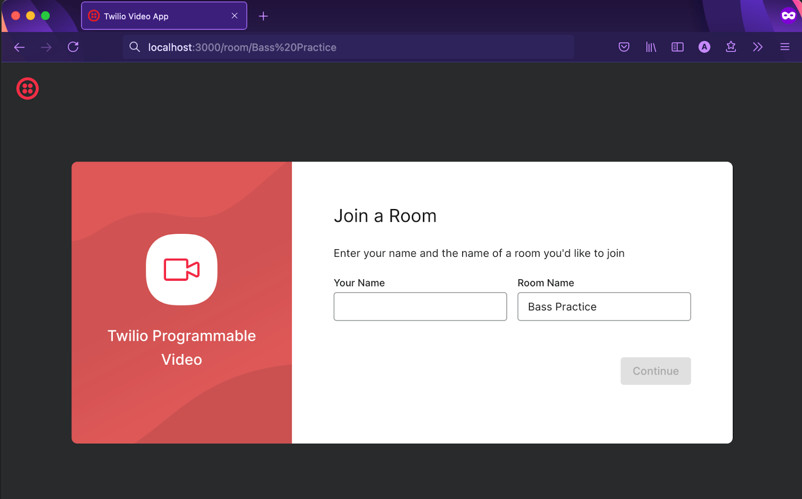 Twilio Video React App initial screen, with "Bass Practice" in the Room Name input field.