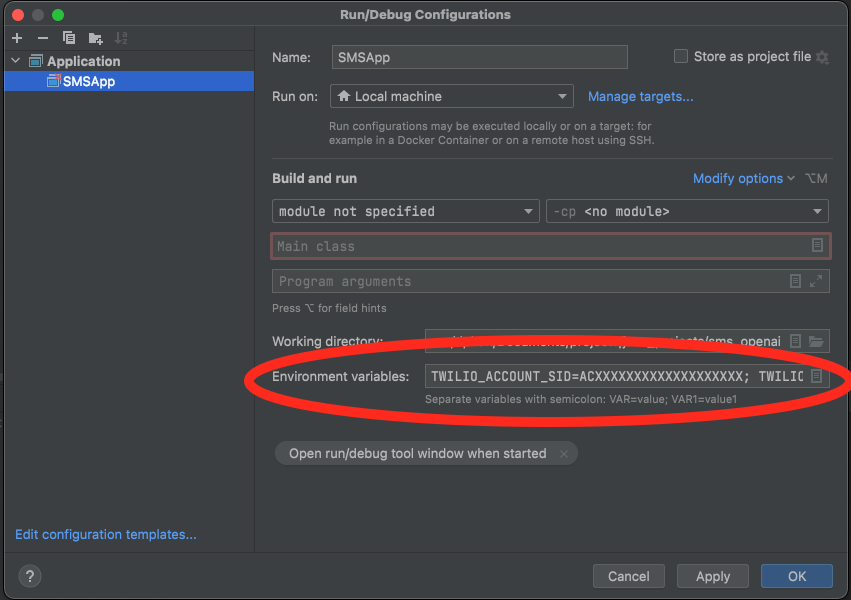 set environment variables for the SMSApp