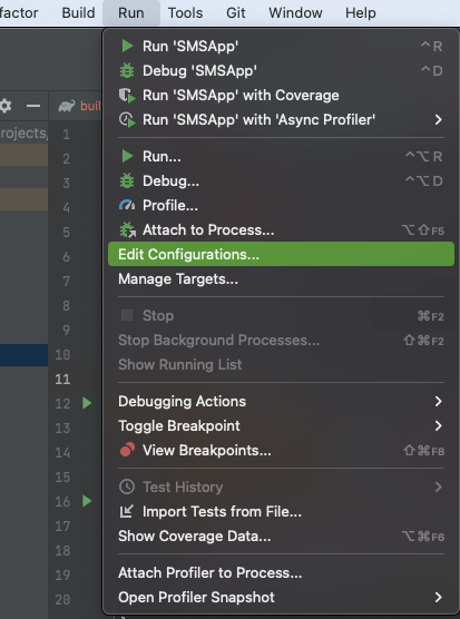 option to Edit Configurations in the project