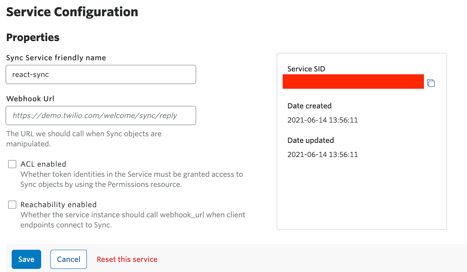Screenshot of sync service configuration page with red rectangle blurring out a service SID