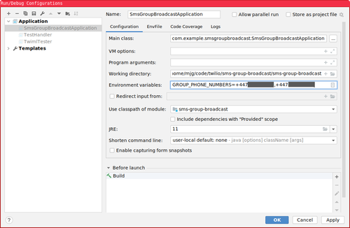 Capture d'écran montrant comment définir des variables d'environnement dans IntelliJ IDEA