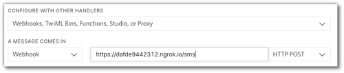 Capture d'écran de la configuration du webhook « quand un message arrive » dans la console Twilio.