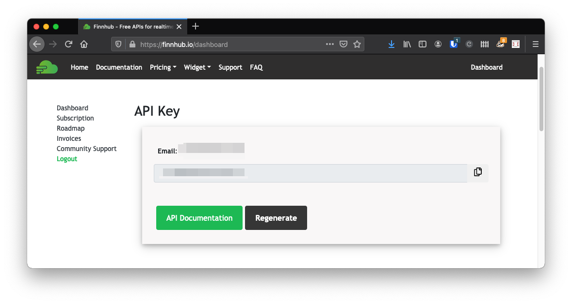 The Finnhub dashboard. The API Key is displayed in a box under the email address you used to sign up.