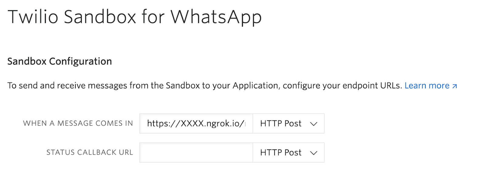 image of the sandbox configuration where you must paste your ngrok link for "When a message comes in"