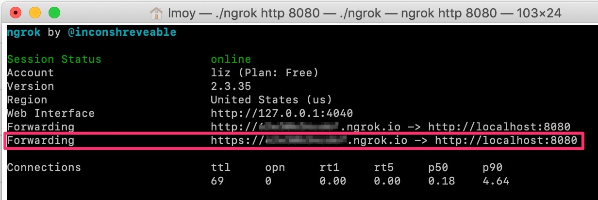 the ngrok window running on port 8080