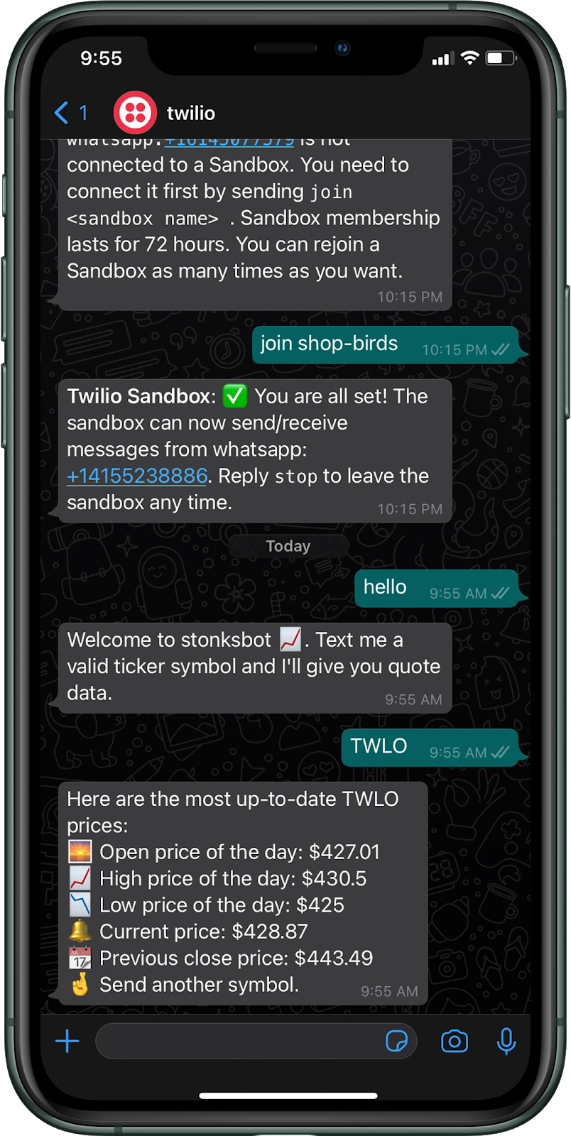 An image of the bot and its response after it has been sent the TWLO ticker symbol