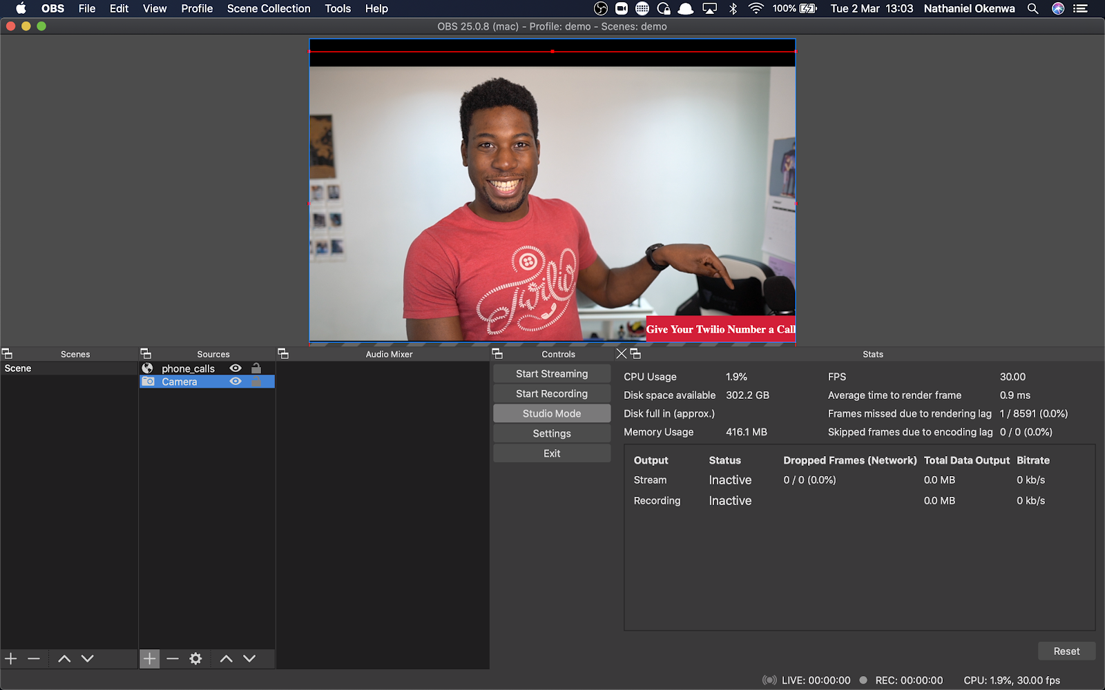 Picture of OBS with Phone call Overlay over Nathaniel's video