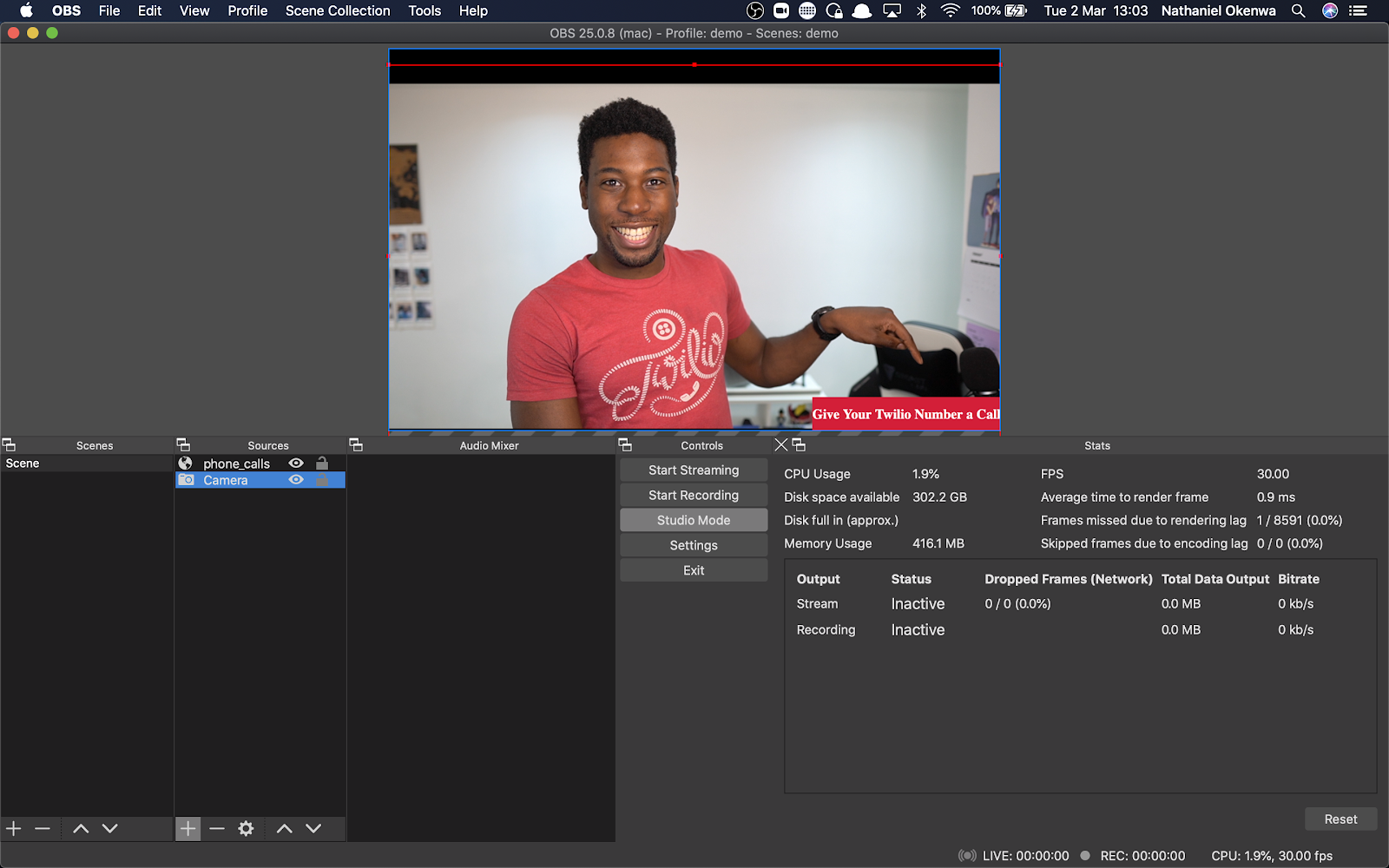 Picture of OBS with Phone call Overlay over Nathaniel&#x27;s video