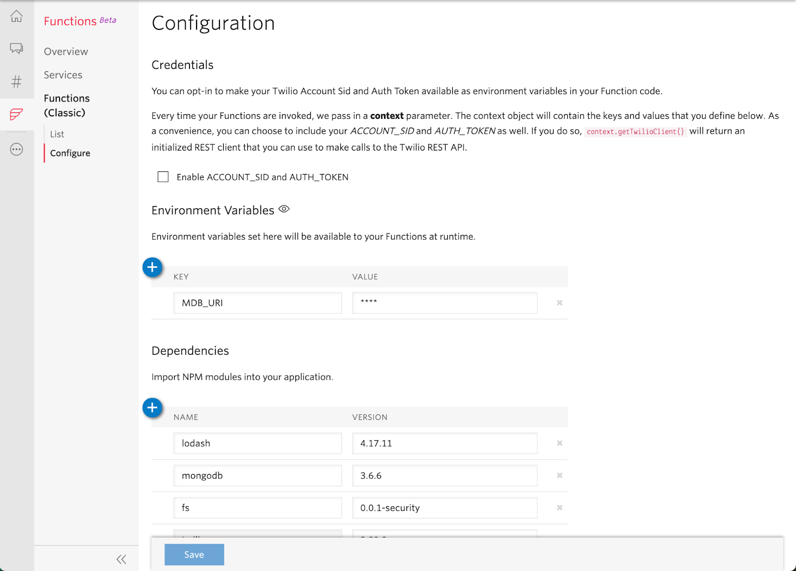 Adding environment variables in Twilio console