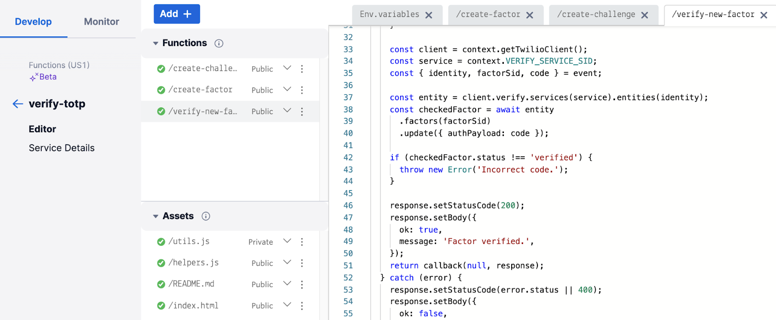 screenshot of the twilio console functions editor