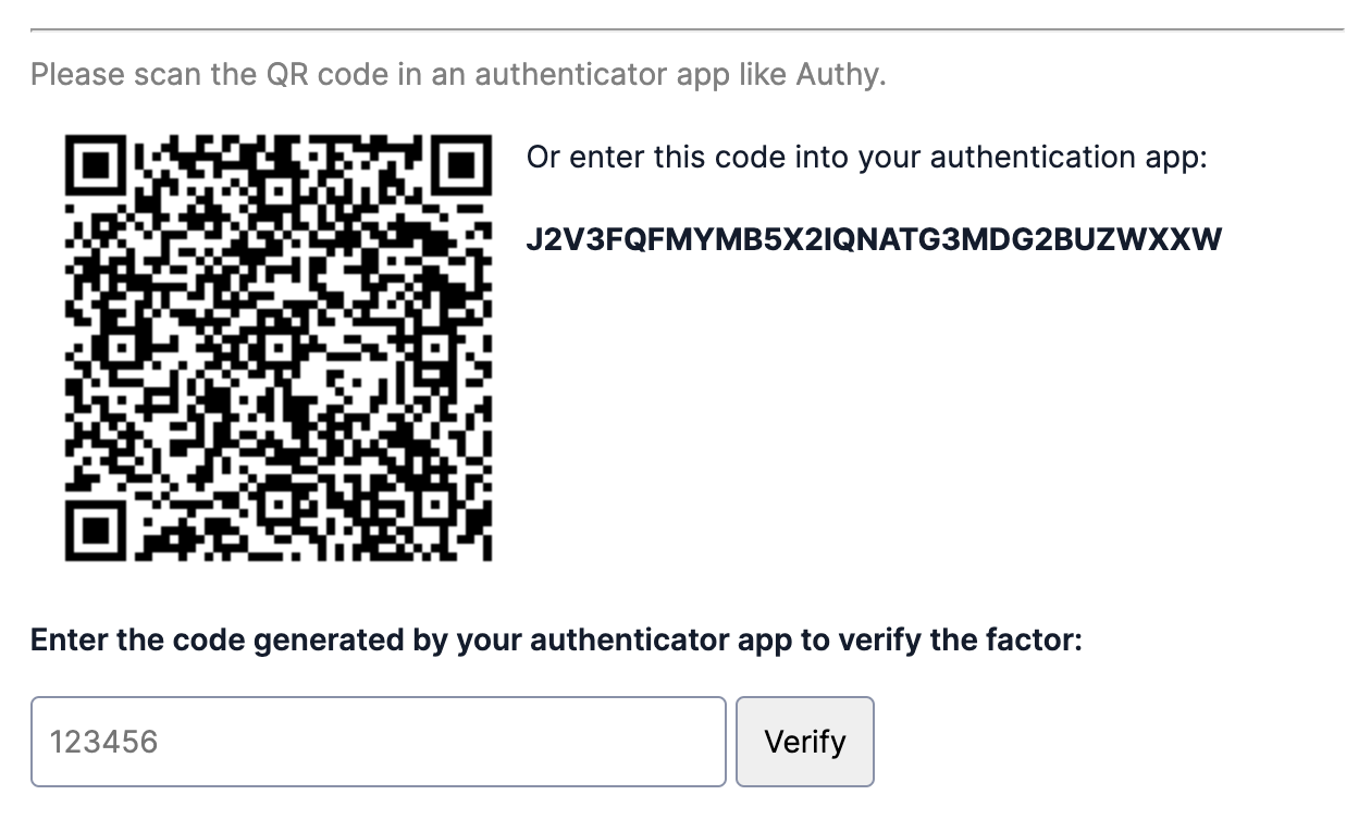 QR code to scan with a form field to enter the code generated by your authenticator app
